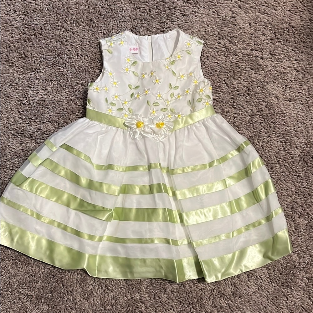 Floral Embroidered White and Green Kids Dress